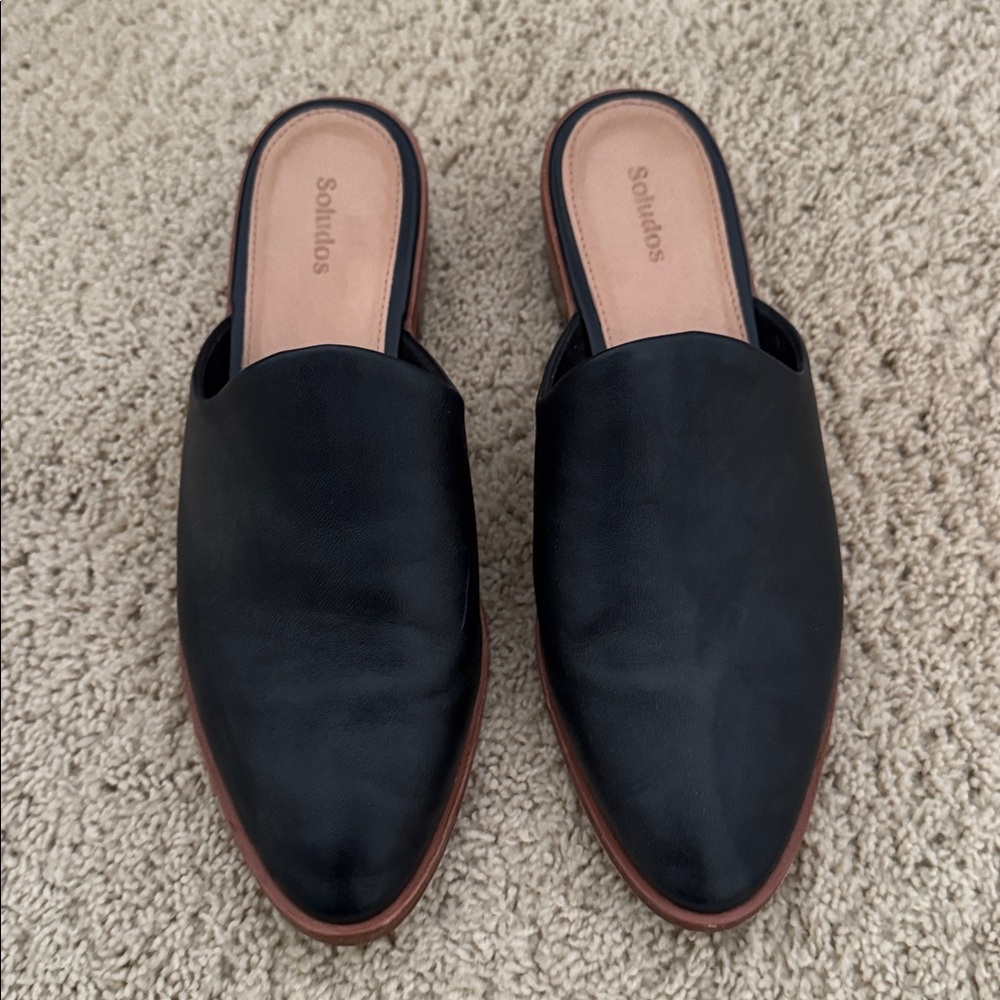 Soludos Black Leather Heeled Mules “The Venetian”
